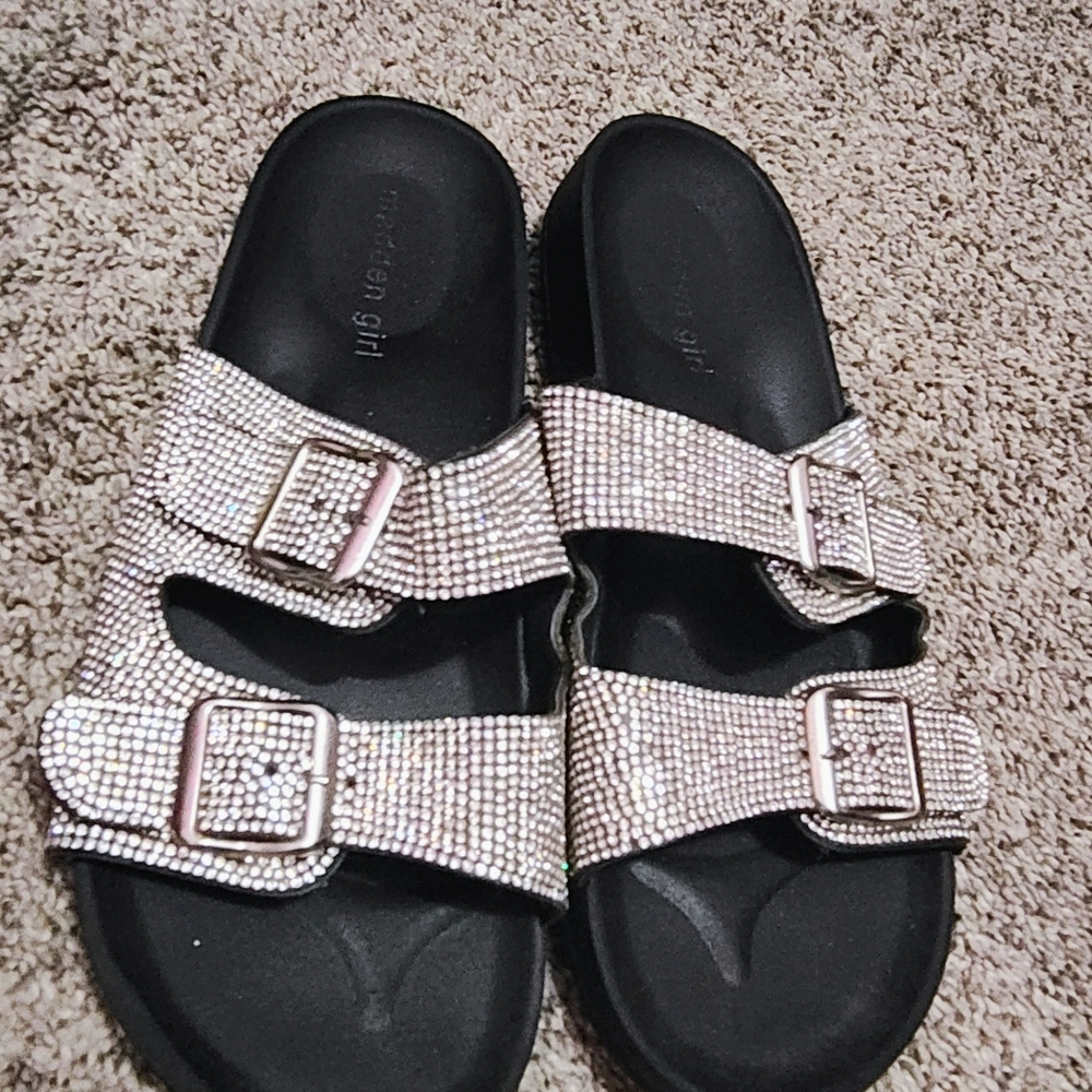 Sparkle Two-Buckle Slide Sandals in Rose Gold